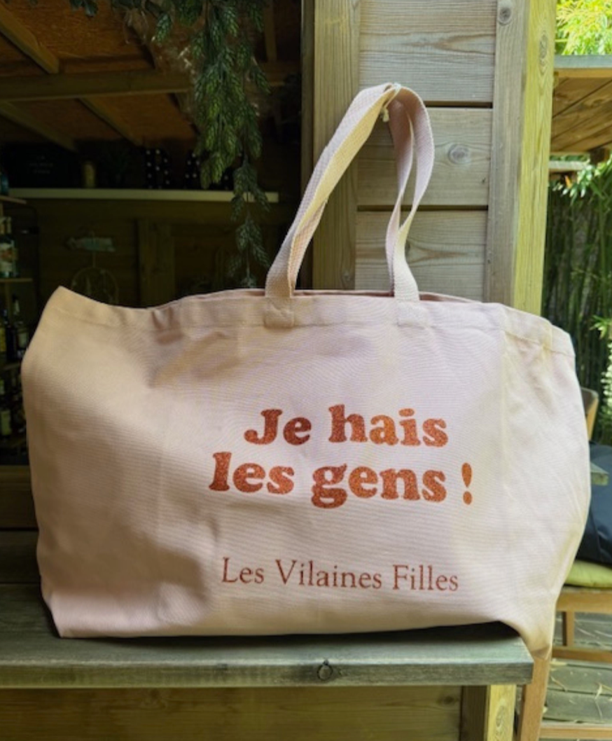 Sac XXL en coton "Je hais les gens" coloris pêche