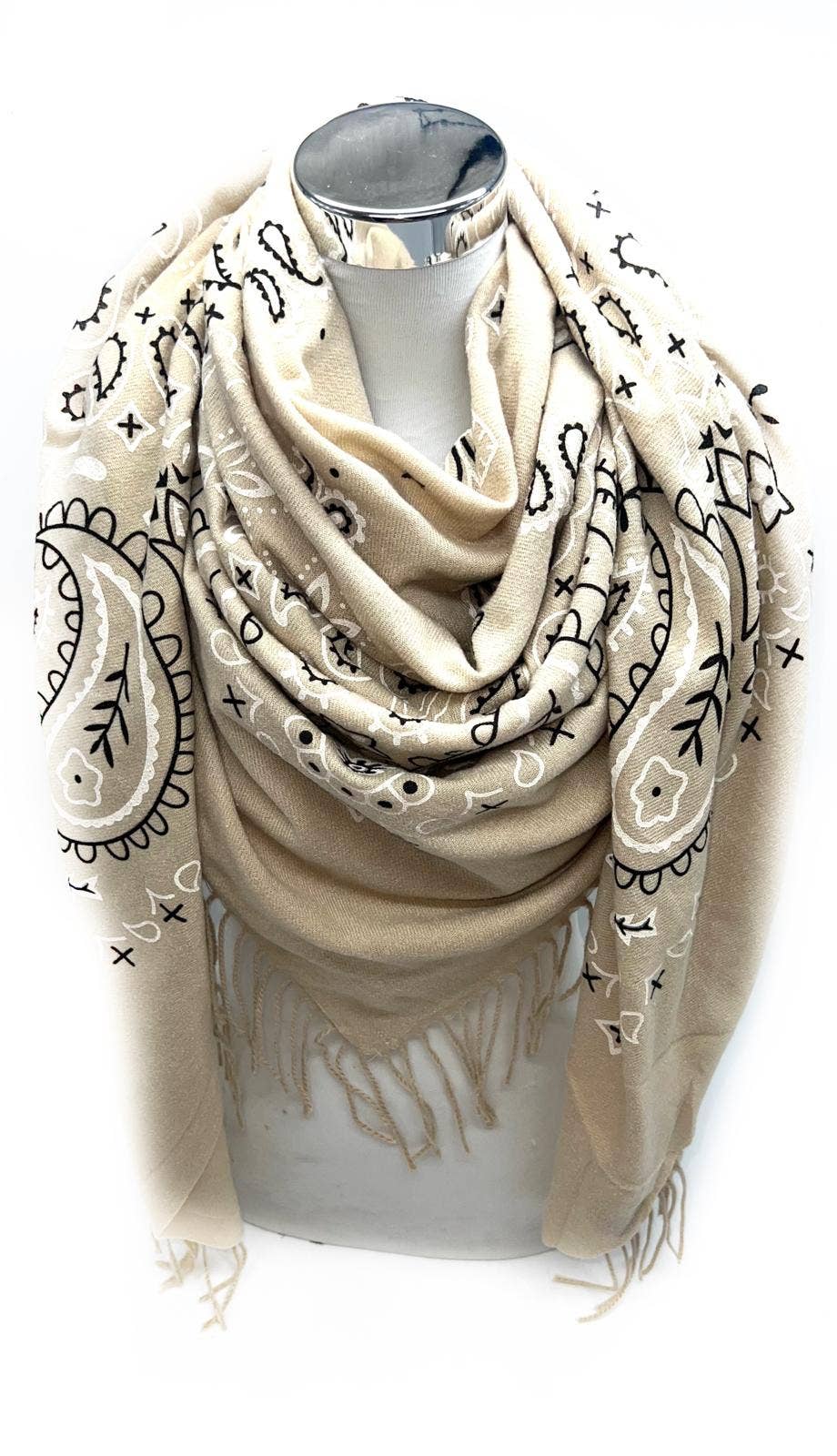 Echarpe grand carré motif bandana avec longue frange : Beige