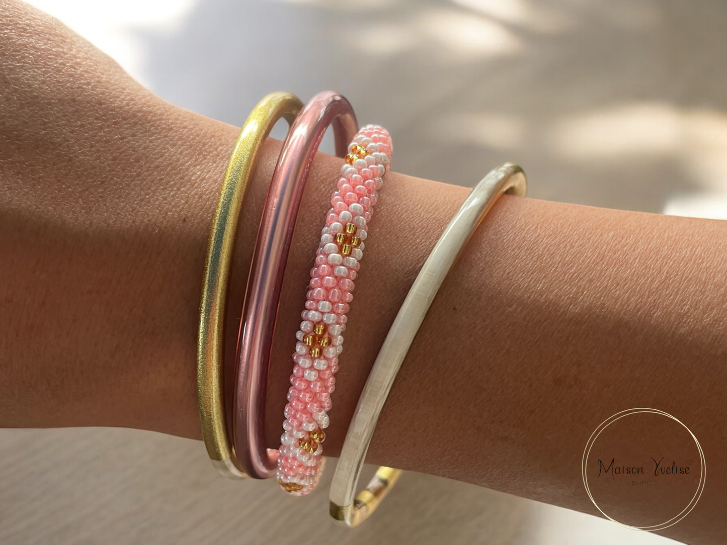 Bracelet Népalais Rose fleurs Or: 6.5 cm (Diamètre interieur)