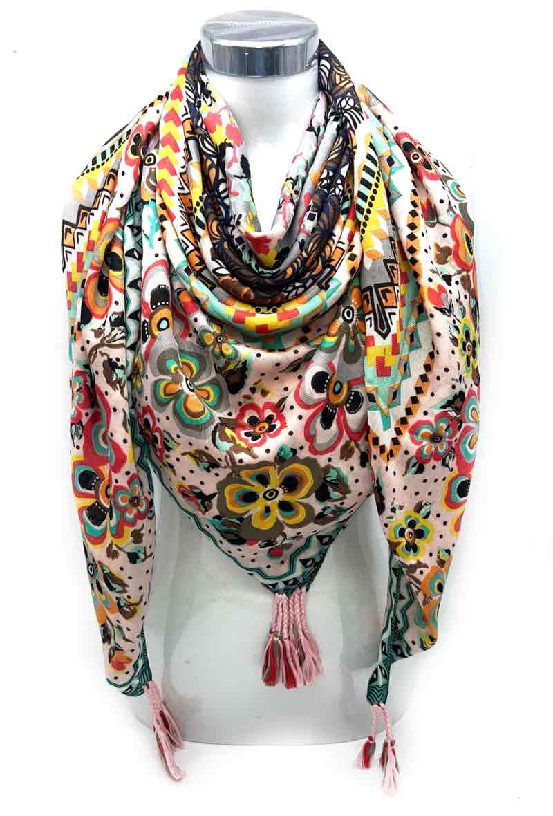 Foulard grand carré à pompon 46735-26: Rose