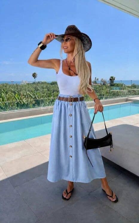 Jupe Midi Boutonnée Avec Ceinture Effet Denim