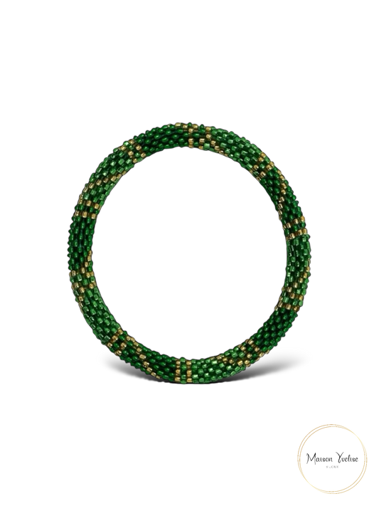 Bracelet Népalais Vert & Or – Artisanat Unique et Tissé Main: 6.5 cm (Diamètre interieur)
