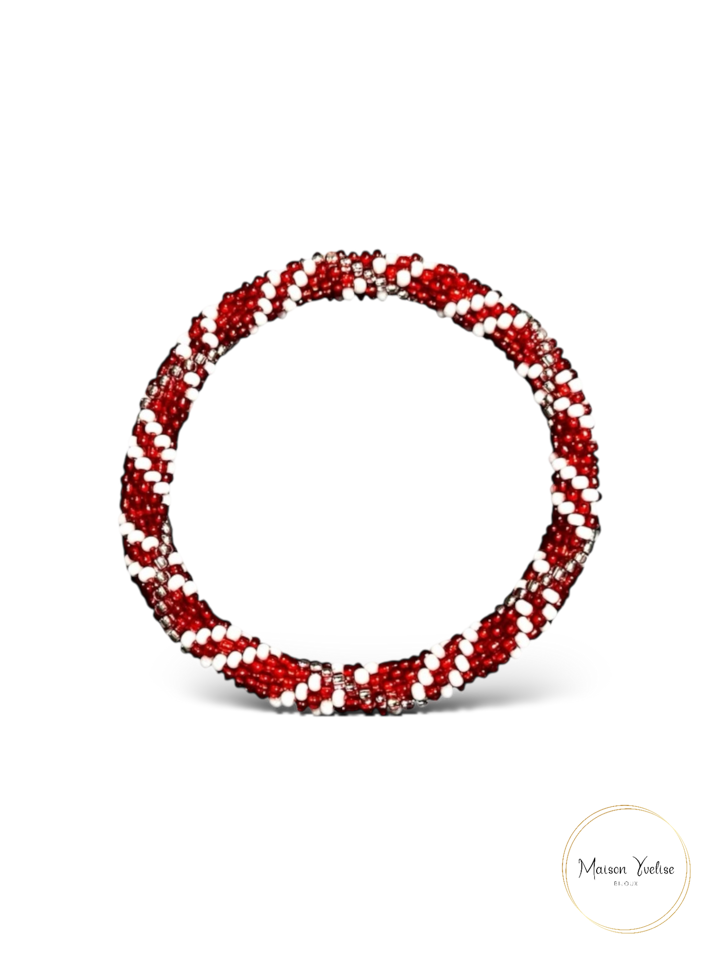 Bracelet Népalais Rouge Blanc et Argenté: 6.5 cm (Diamètre interieur)