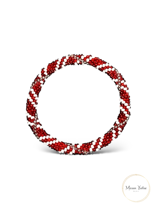 Bracelet Népalais Rouge Blanc et Argenté: 6.5 cm (Diamètre interieur)