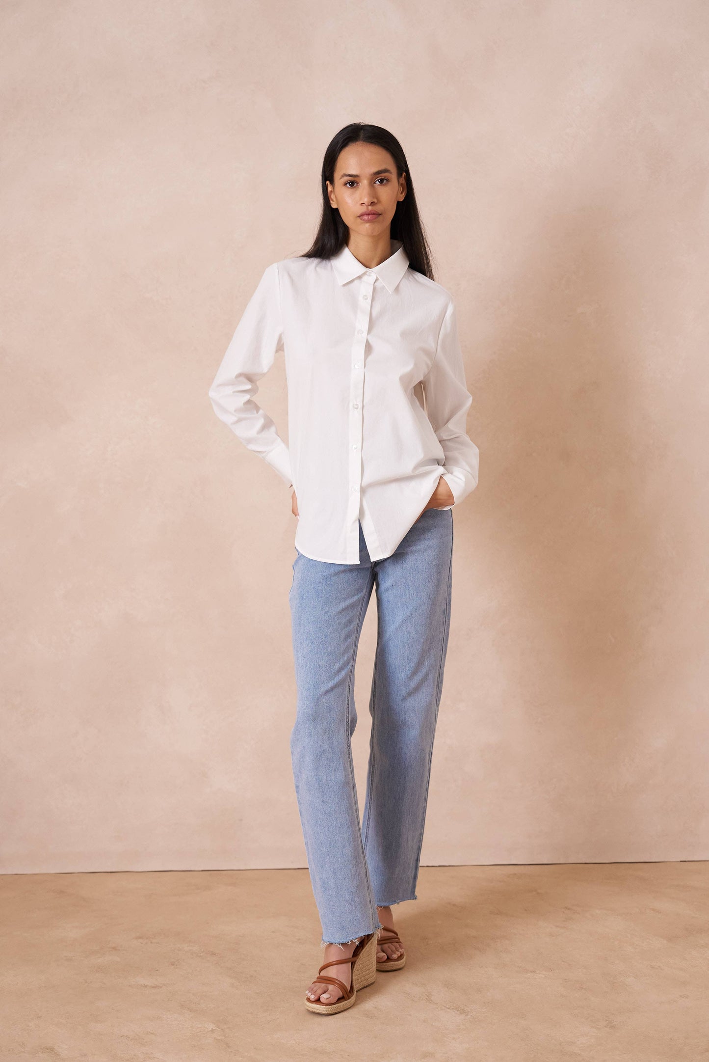 Chemise coton unie avec col à revers: Blanc