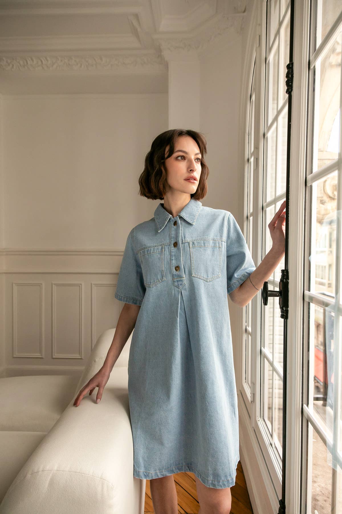 Robe Dalia en denim à col chemise: Bleu Foncé