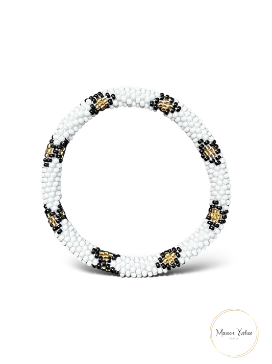 Bracelet Népalais Blanc Or et Noir: 6.5 cm (Diamètre interieur)