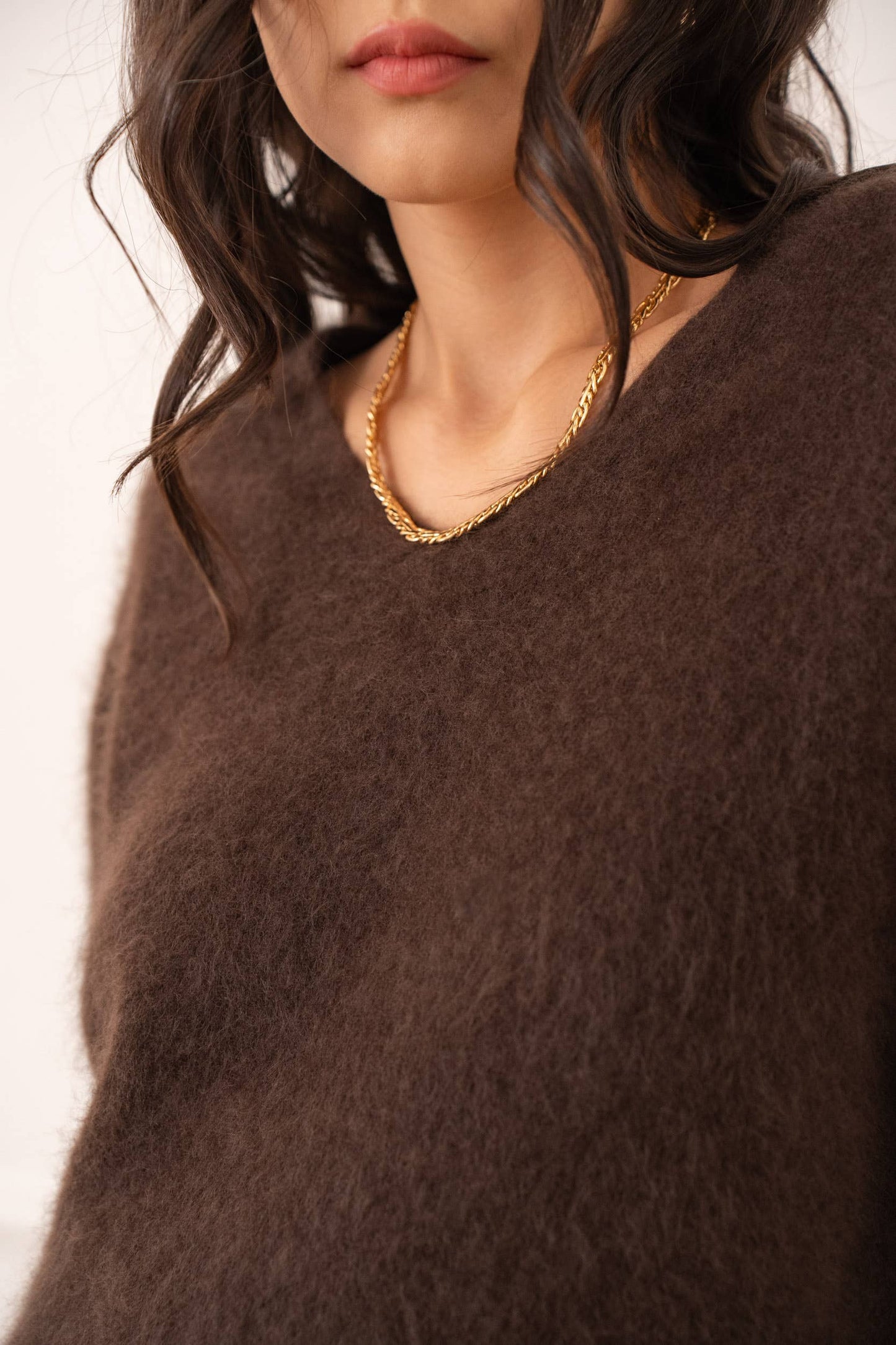 Pull cachemire & laine brossé col V : Ecru