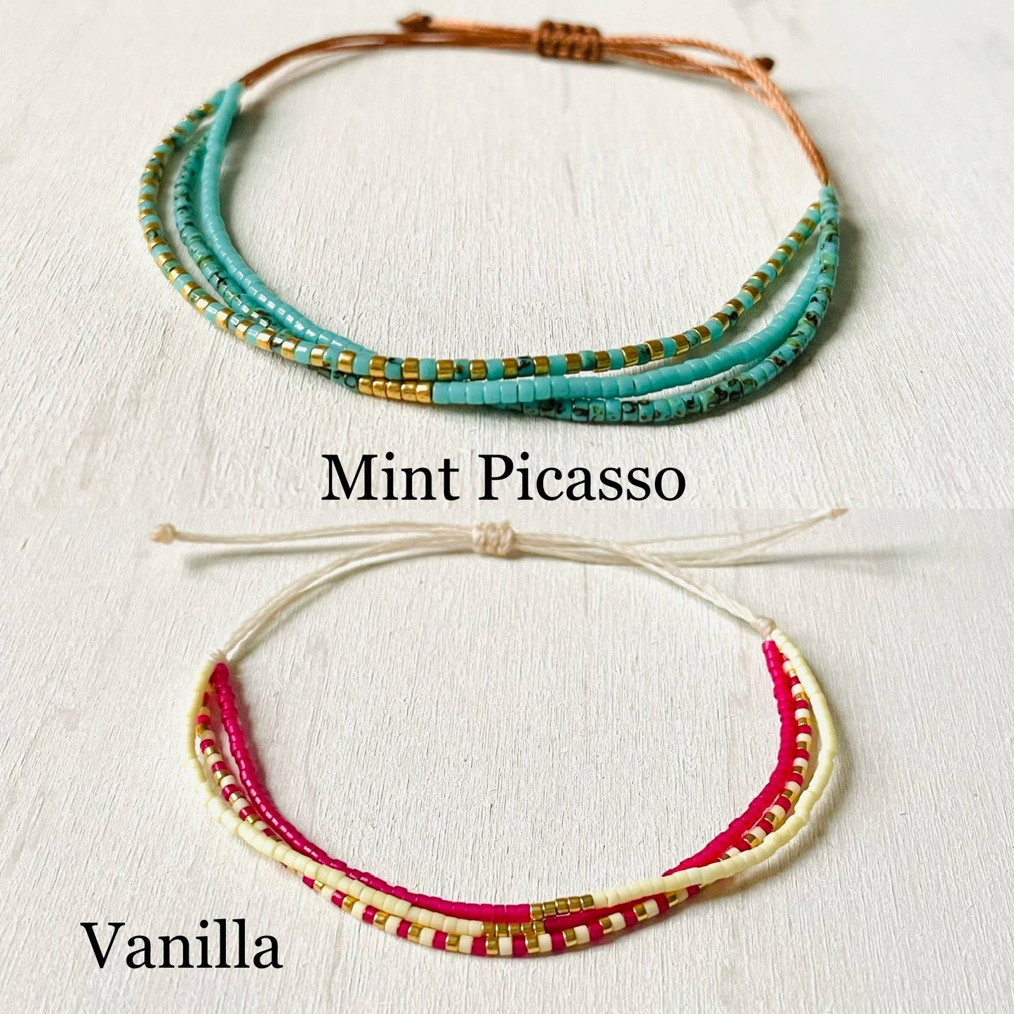 Bracelet Perle Miyuki Réglable en nylon, rocaille: Mint Picasso
