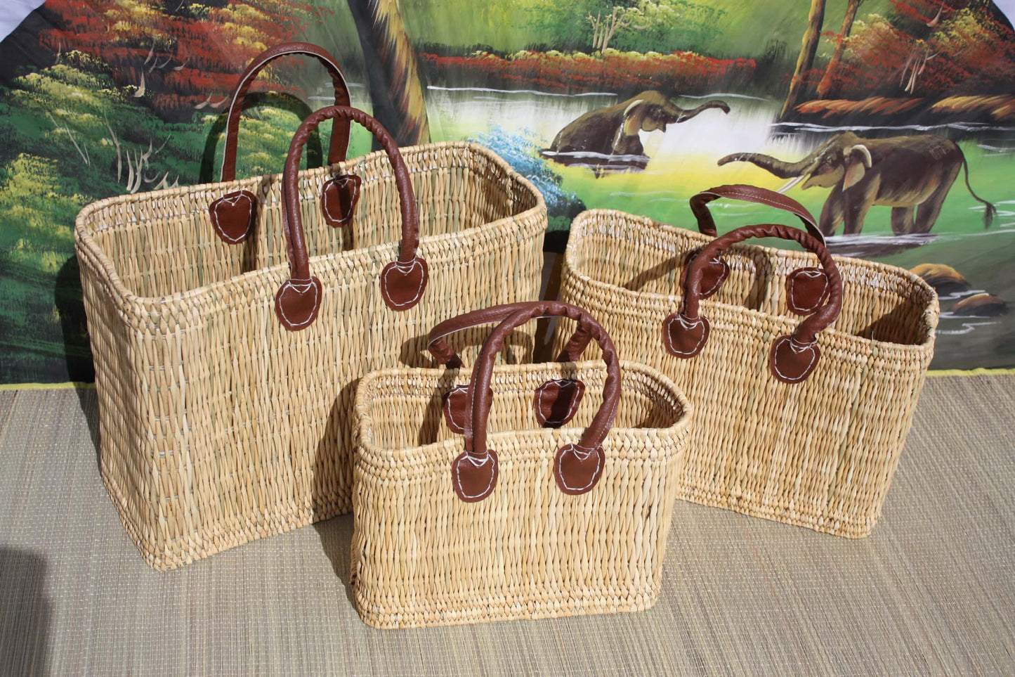 Panier à courses coloris naturel - Tressé main en jonc - Sac marchés osier rotin - Cabas Marocain - 3 Tailles