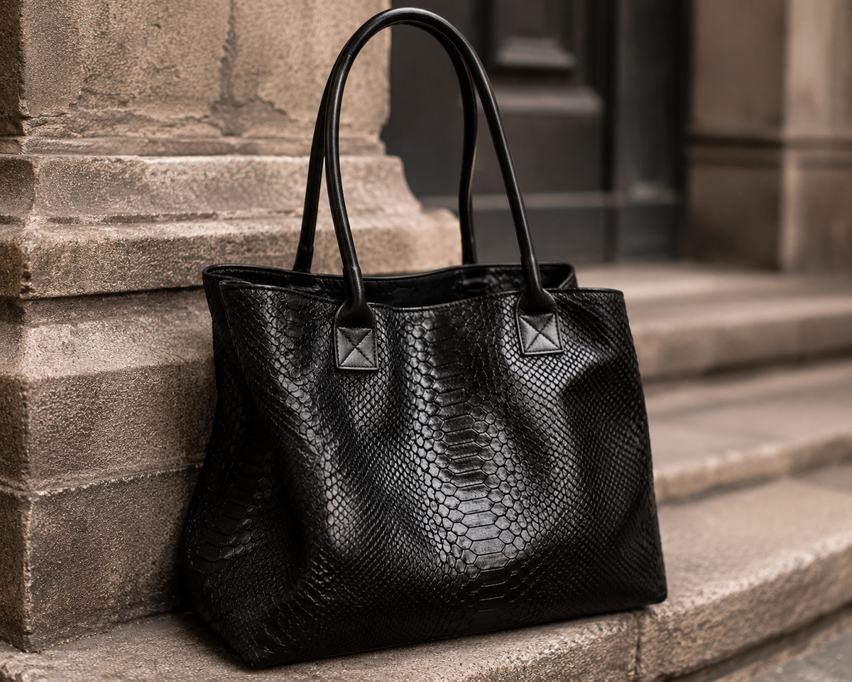 LOLA – Sac en cuir italien embossé python – Black