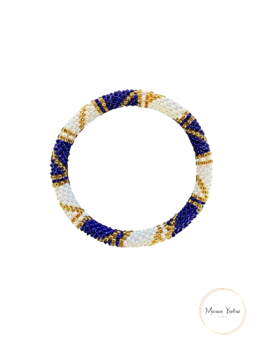Bracelet Népalais Bleu Blanc Or: 6.5 cm (Diamètre interieur)