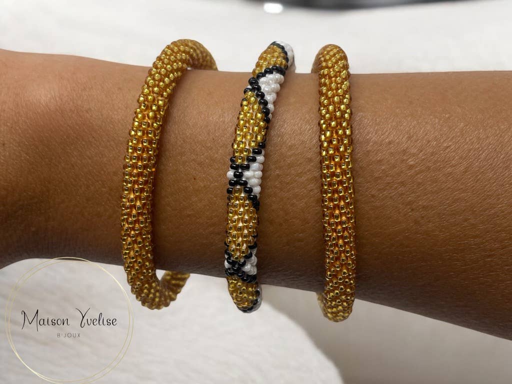 Bracelet Népalais Noir Blanc Or: 6.5 cm (Diamètre interieur)