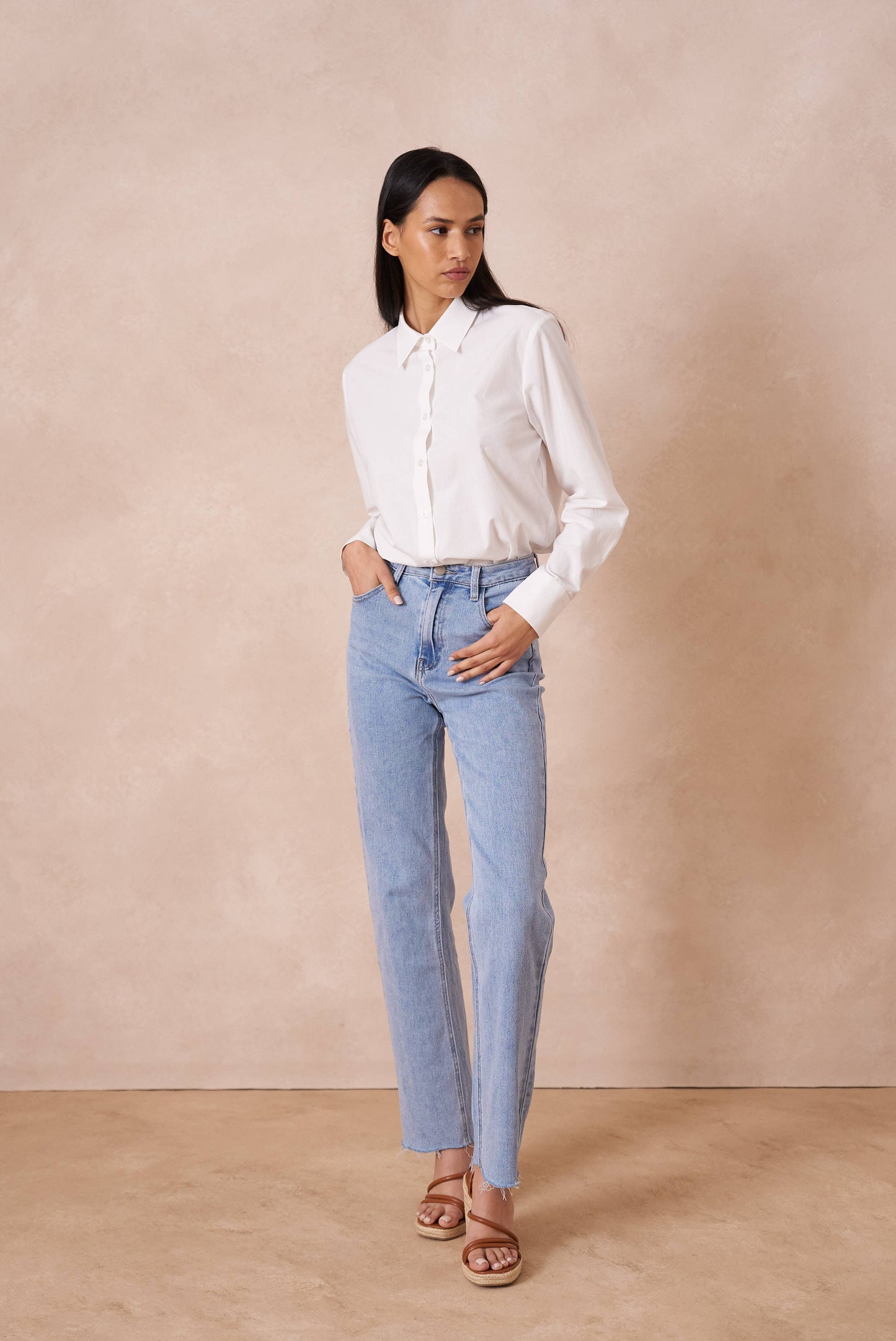 Chemise coton unie avec col à revers: Bleu ciel