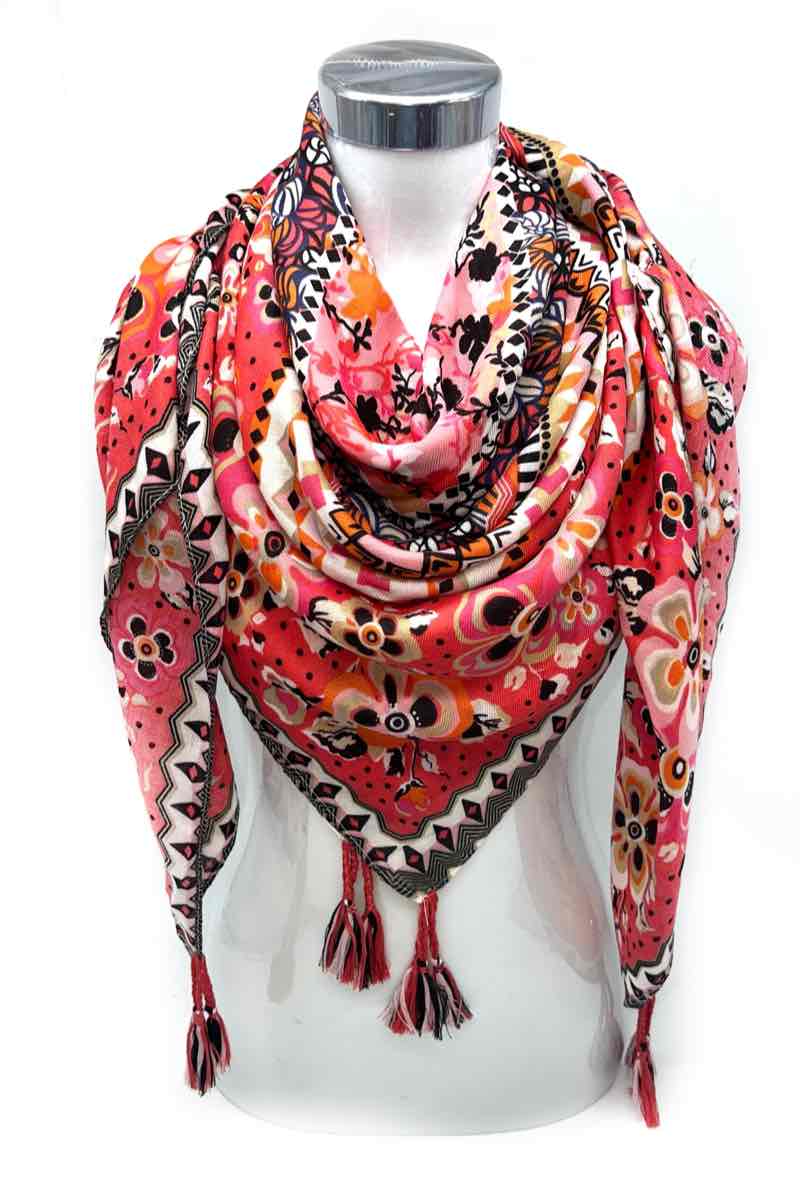 Foulard grand carré à pompon 46735-26: Rouge