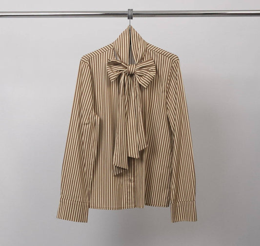 Chemise à rayures col lavallière – MARRON/JAUNE