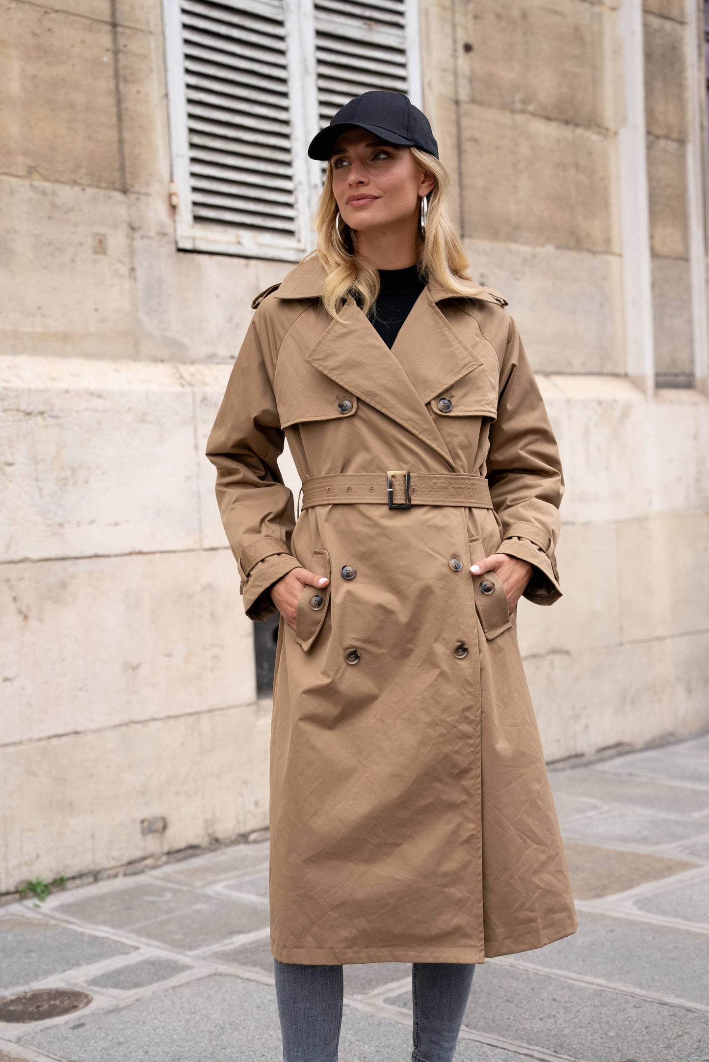 Trench long avec double boutonnage: Bleu