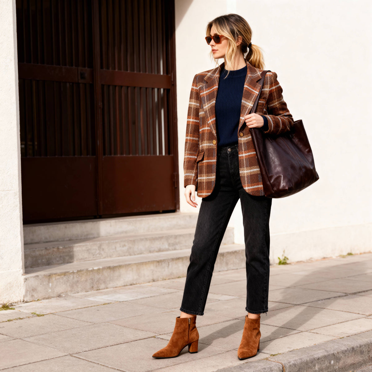 Blazer à carreaux effet velours marron rouille TDM68924-4