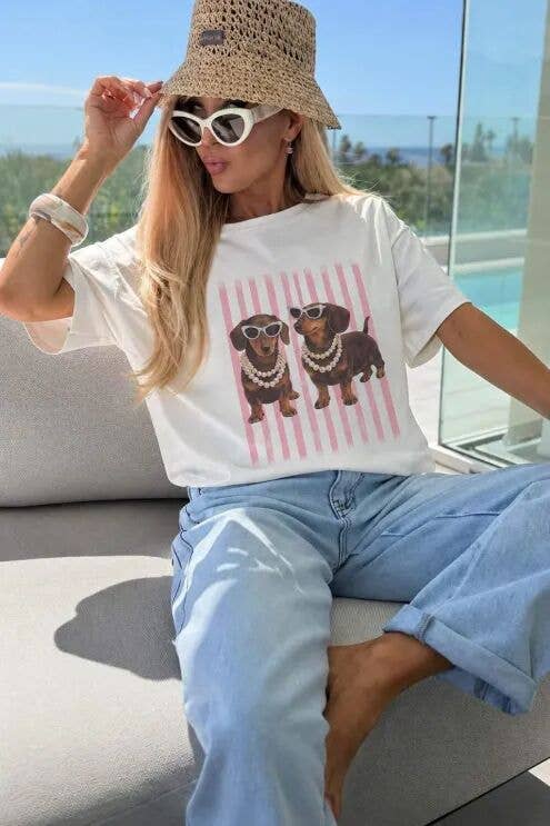 T-Shirt Coton Imprimé Teckel Rayure