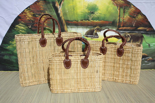 Panier à courses coloris naturel - Tressé main en jonc - Sac marchés osier rotin - Cabas Marocain - 3 Tailles