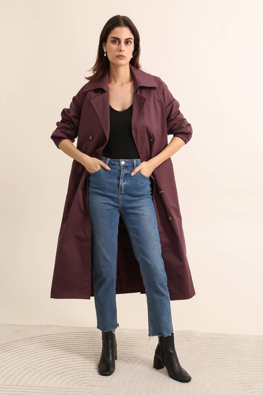 Trench coat long avec ceinture : Prune