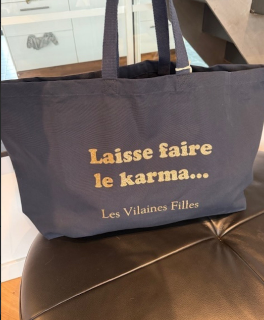 Sac XXL en coton "Laisse faire le Karma" coloris bleu marine