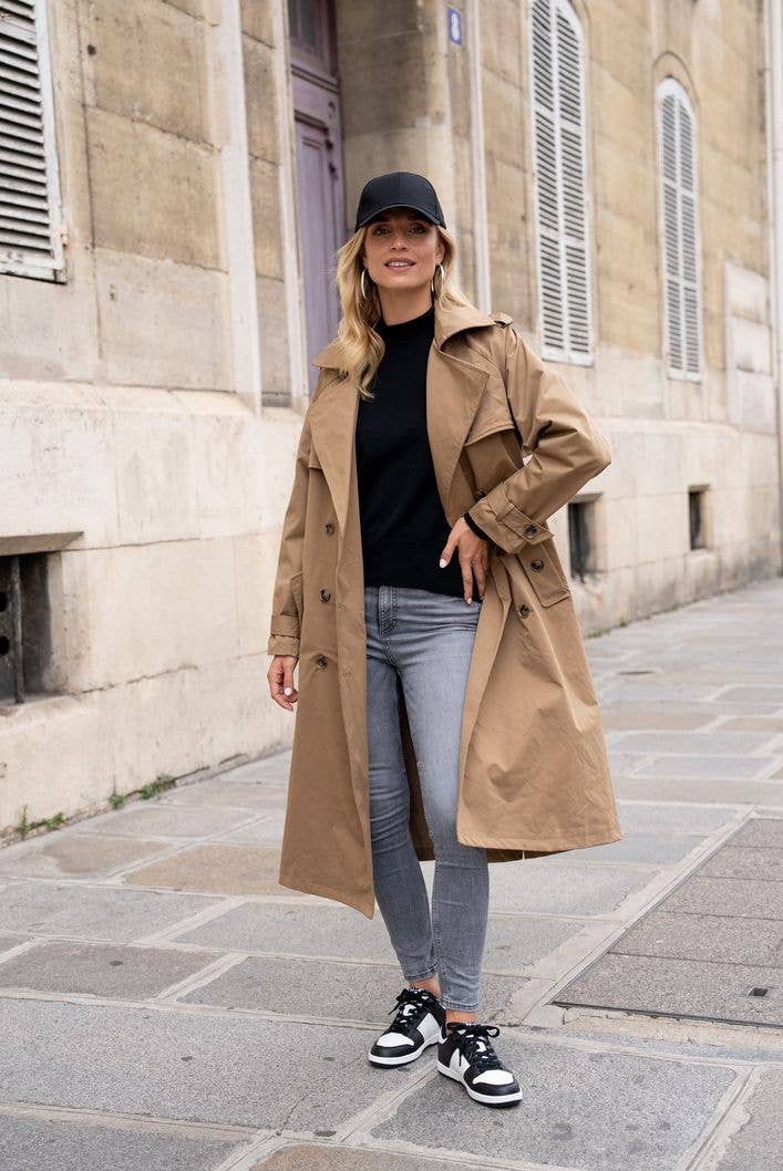 Trench long avec double boutonnage: Bleu