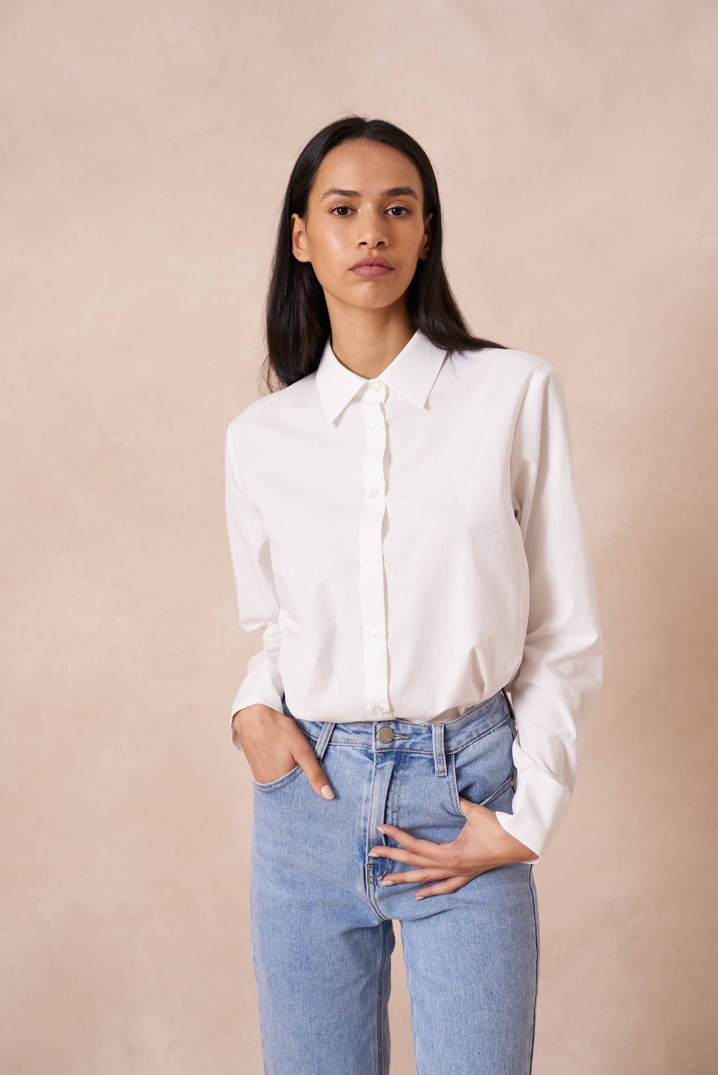 Chemise coton unie avec col à revers: Blanc