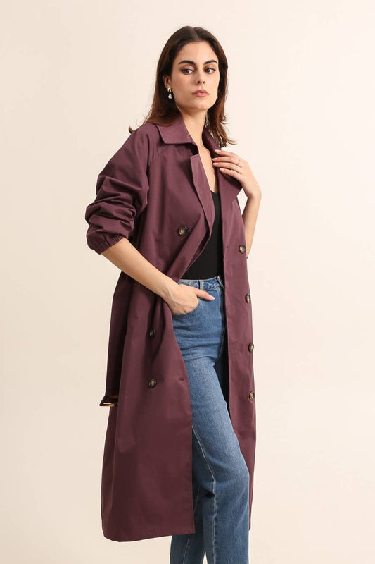 Trench coat long avec ceinture : Prune