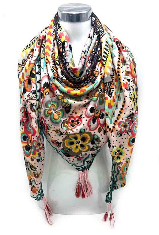 Foulard grand carré à pompon 46735-26: Rose