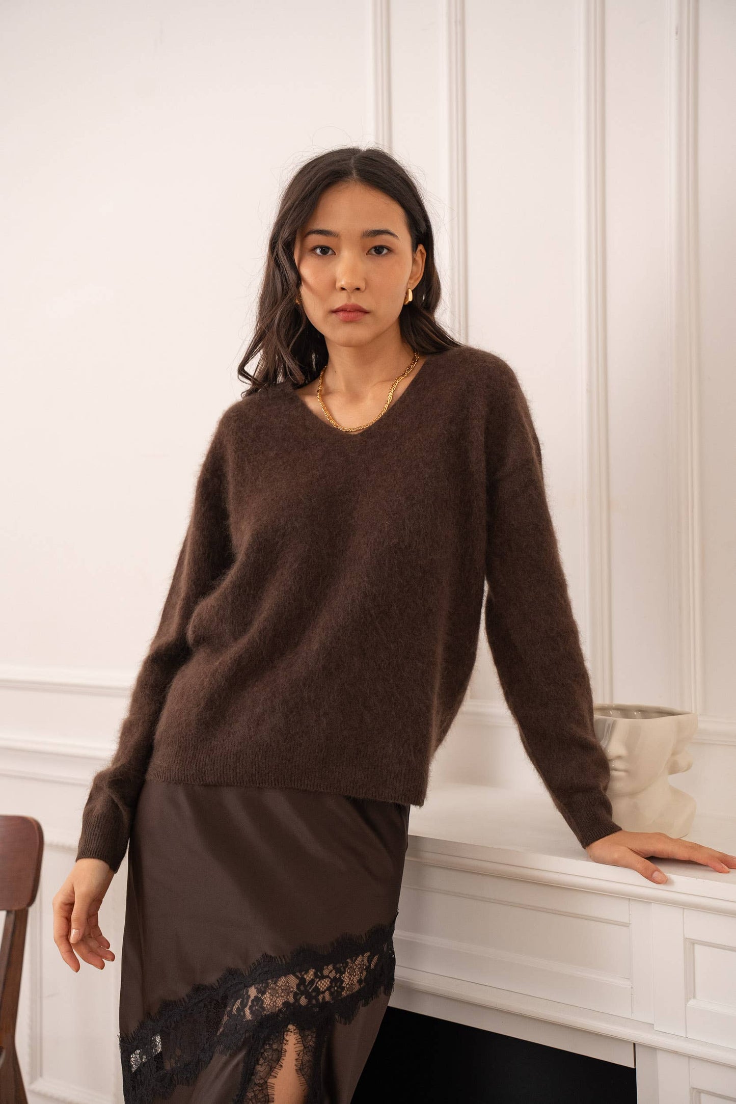 Pull cachemire & laine brossé col V : Ecru