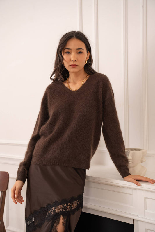 Pull cachemire & laine brossé col V Choco