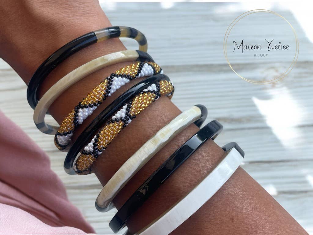 Bracelet Népalais Noir Blanc Or: 6.5 cm (Diamètre interieur)