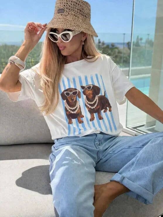 T-Shirt Coton Imprimé Teckel Rayure