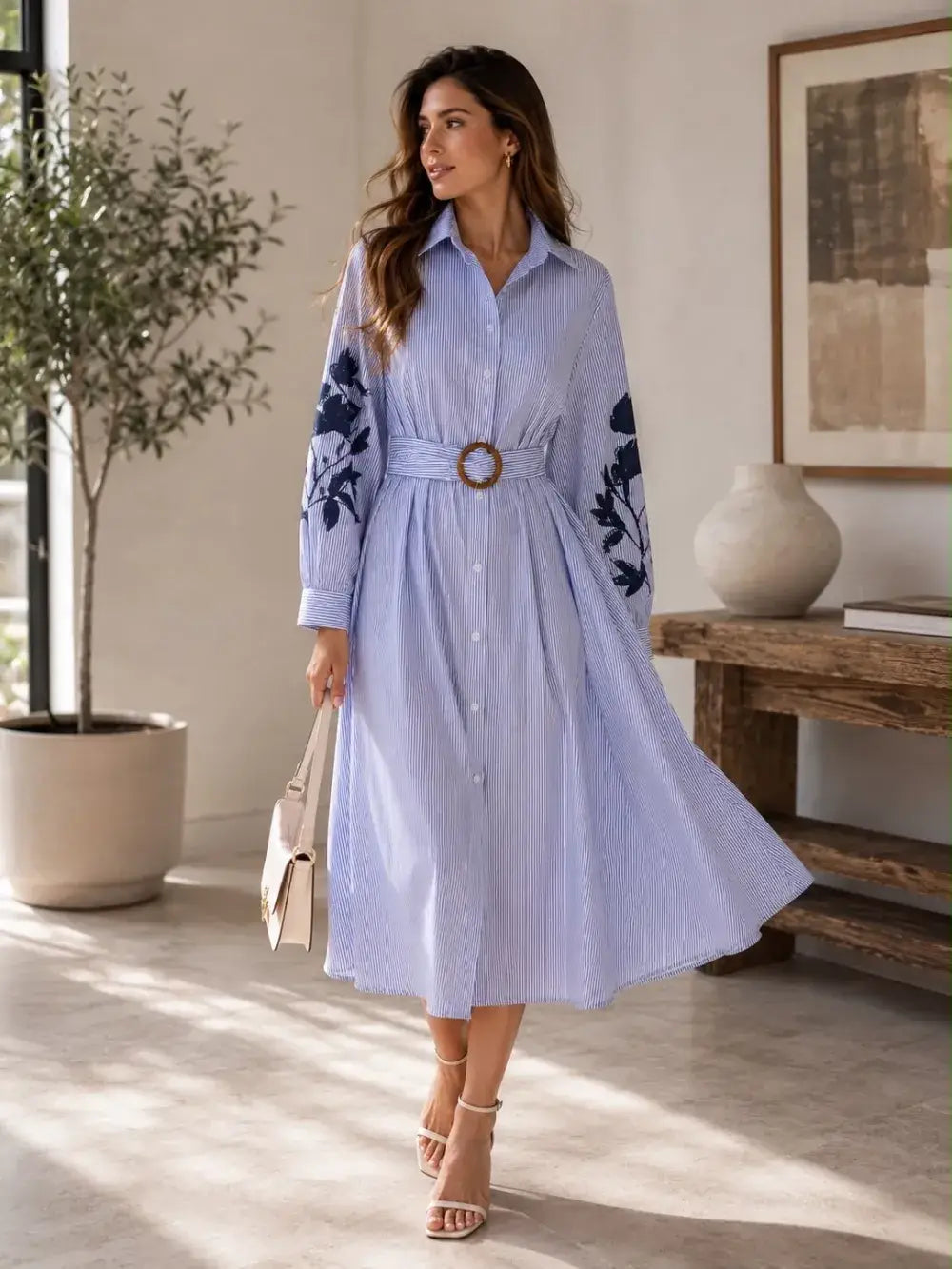 1706 - Robe chemise longue femme ceinturée à manches longues