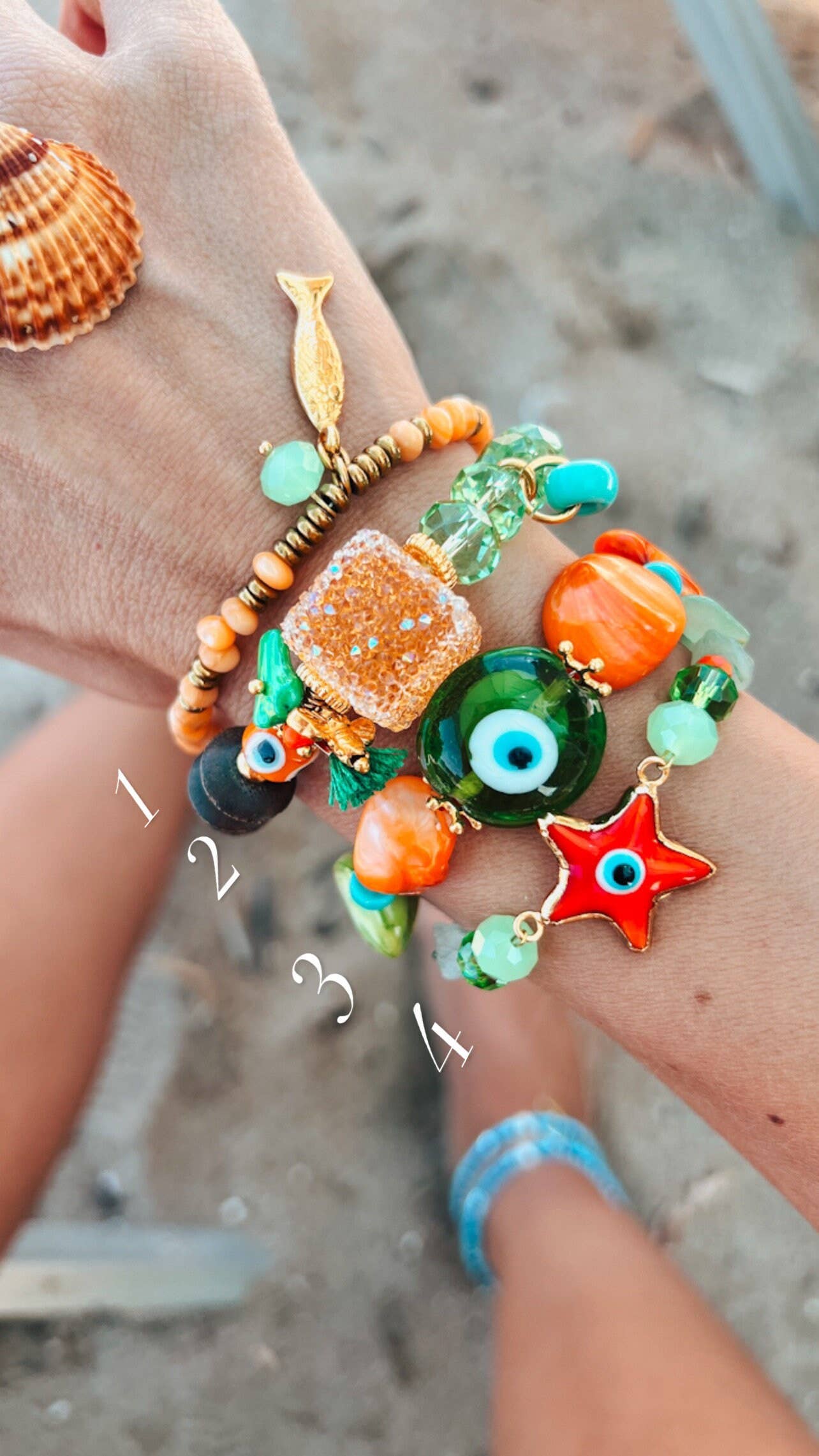 Bracelets d'été orange et vert avec œil protecteur en coquillage: Style 2