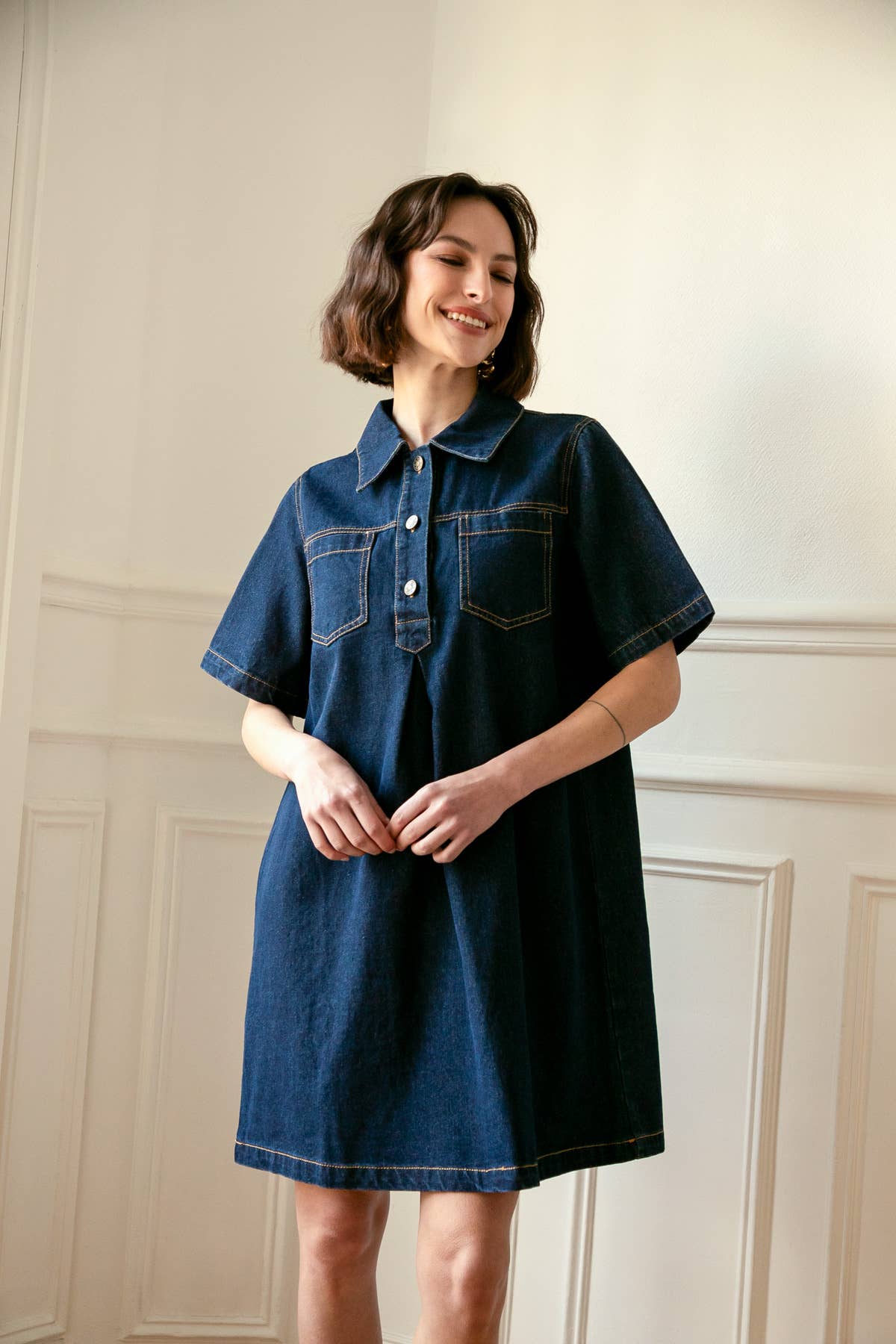 Robe Dalia en denim à col chemise: Bleu Foncé