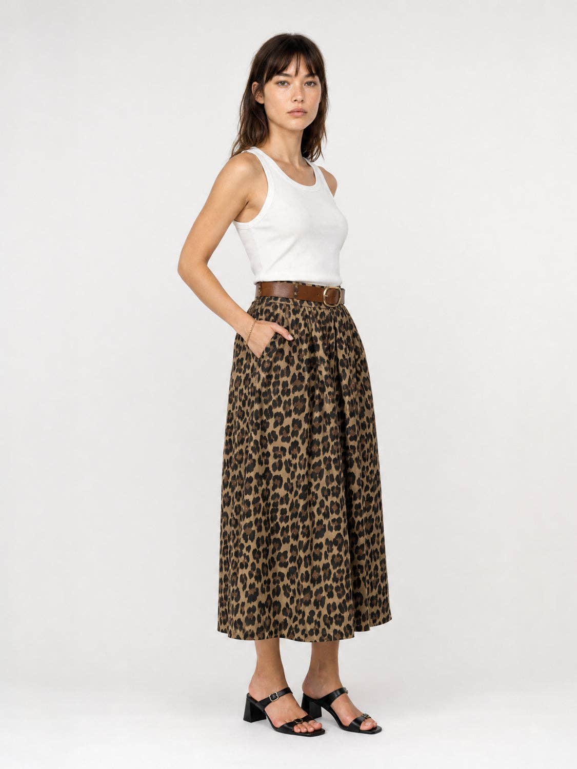 Jupe midi en coton stretch imprimé léopard TDM52123-28