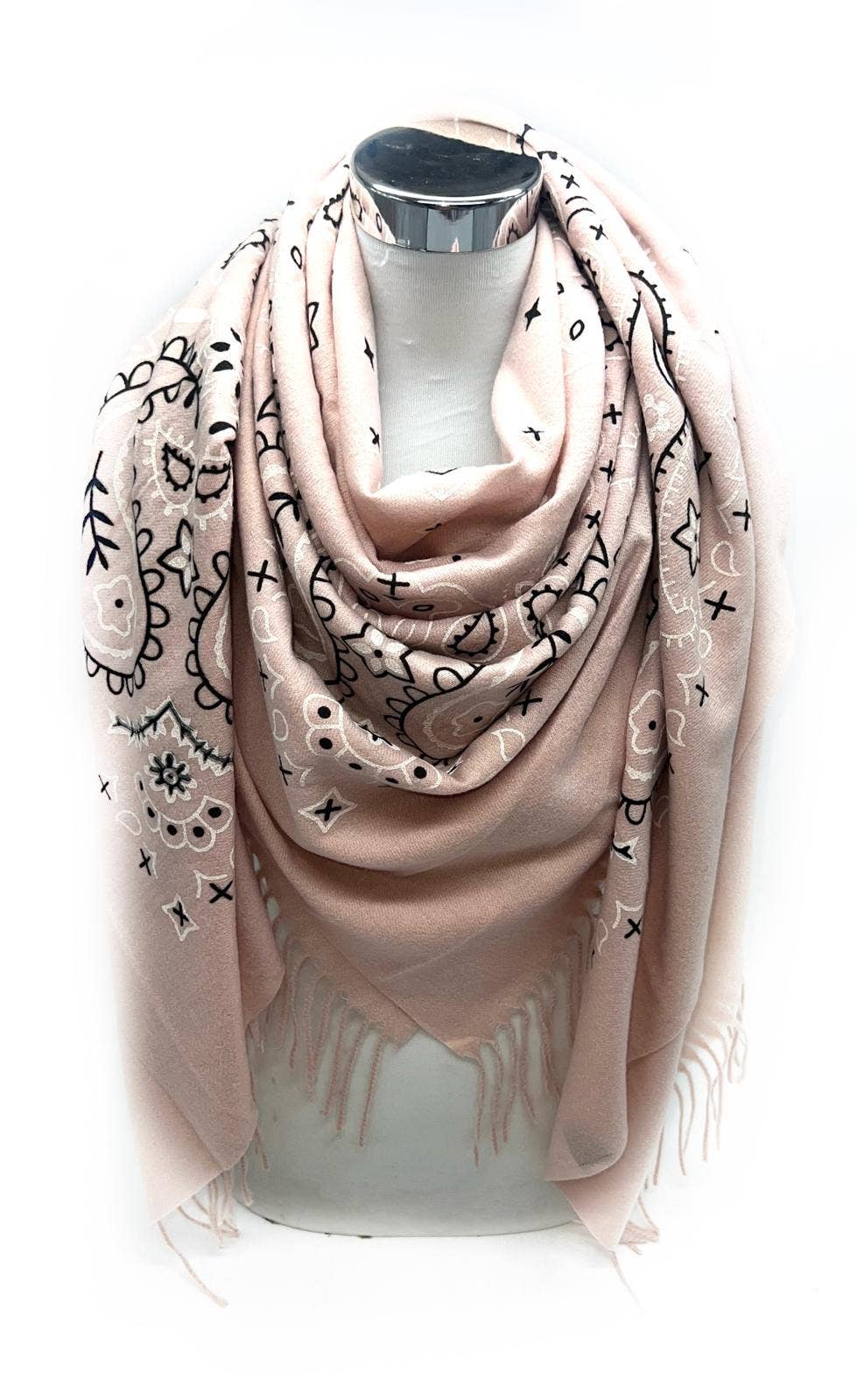 Echarpe grand carré motif bandana avec longue frange : Rose