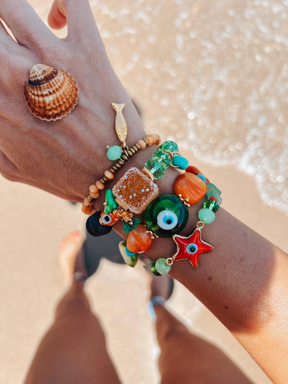 Bracelets d'été orange et vert avec œil protecteur en coquillage: Style 1