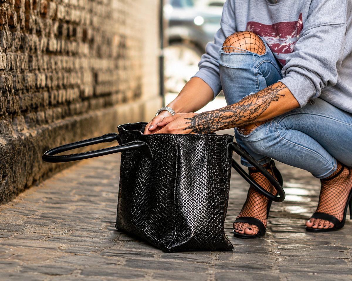 LOLA – Sac en cuir italien embossé python – Black