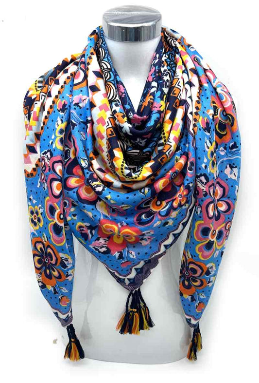 Foulard grand carré à pompon 46735-26: Bleu