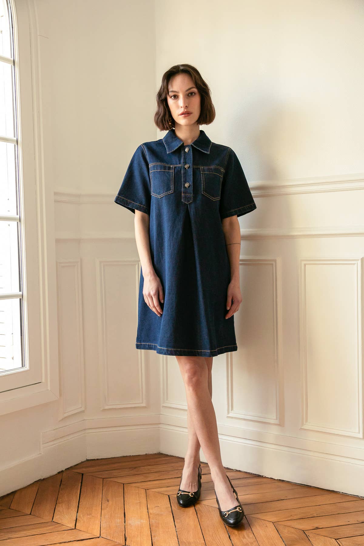 Robe Dalia en denim à col chemise: Bleu Foncé