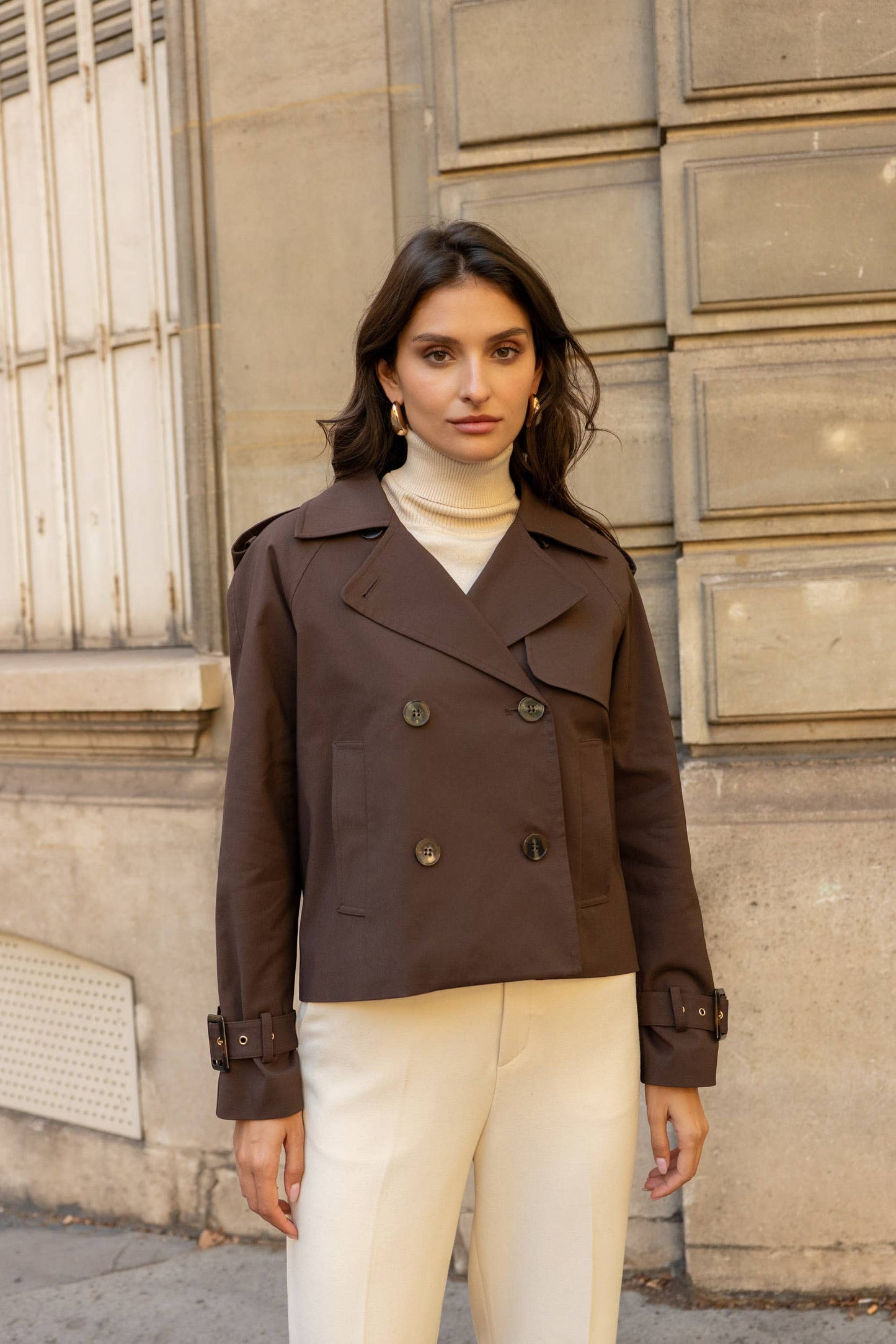 Trench cropped uni en coton mélangé: Blanc