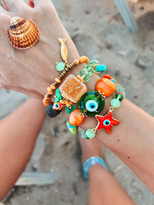 Bracelets d'été orange et vert avec œil protecteur en coquillage: Style 1