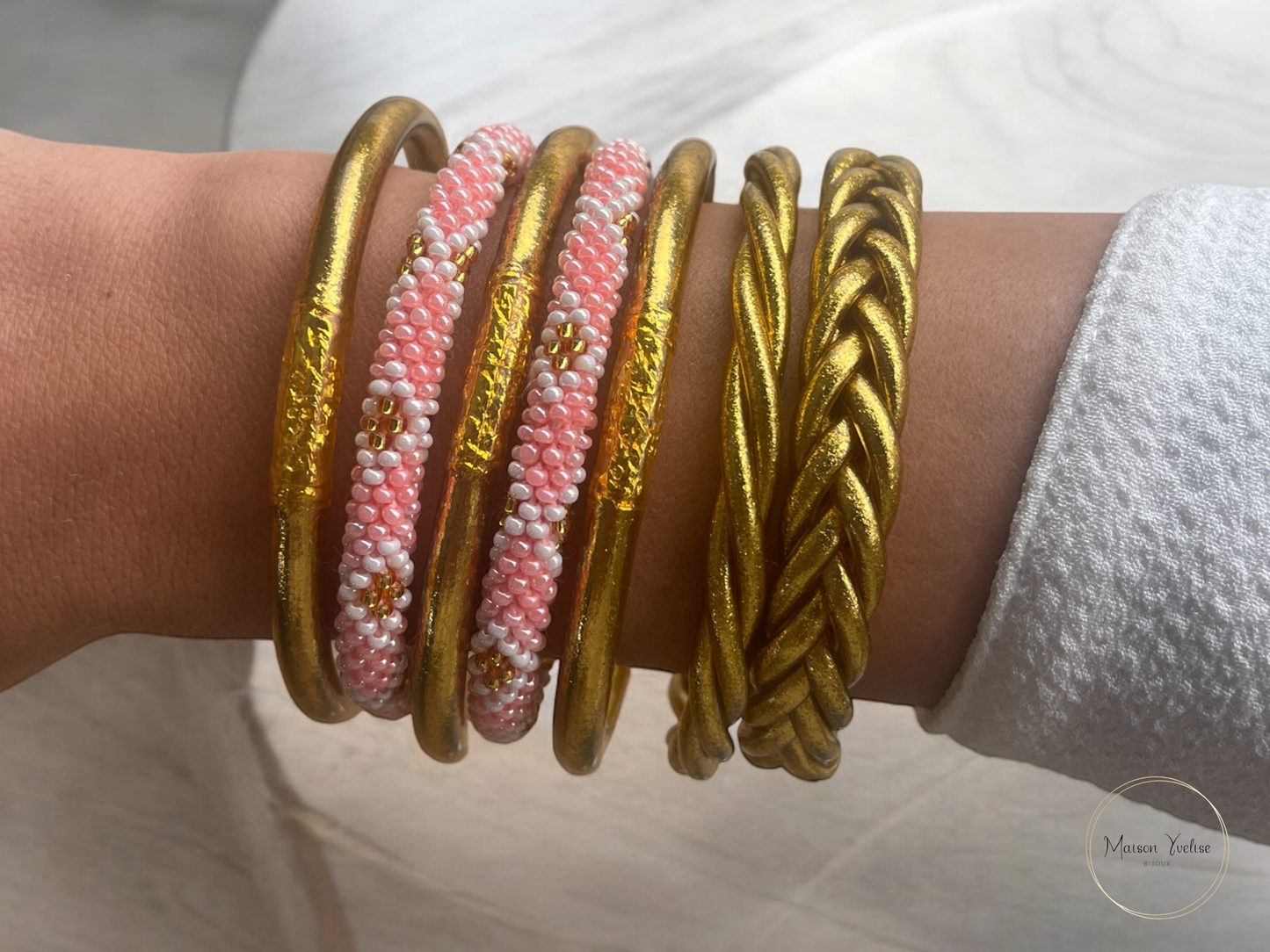 Bracelet Népalais Rose fleurs Or: 6.5 cm (Diamètre interieur)