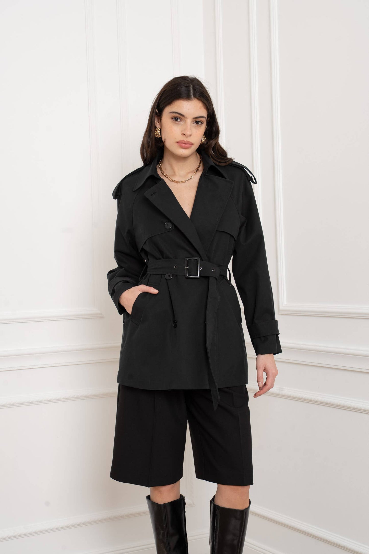 Trench mi-long ceinturé: Noir