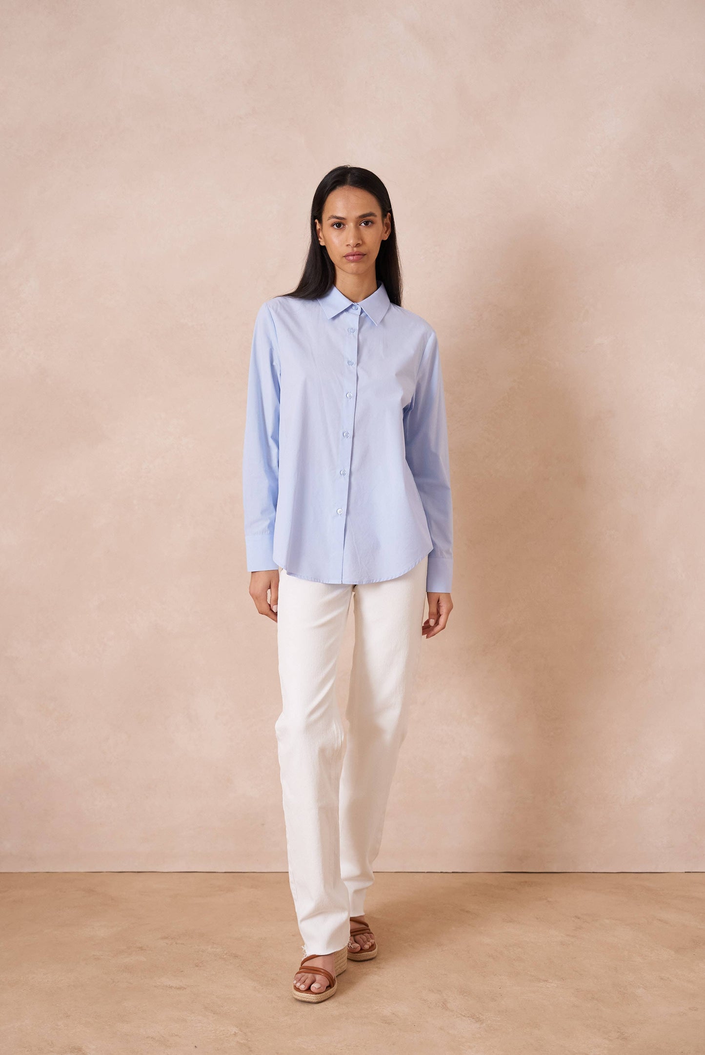 Chemise coton unie avec col à revers: Bleu ciel