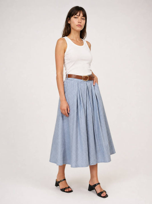 Jupe midi en coton rayé à taille ceinturée TDM52123CJ28