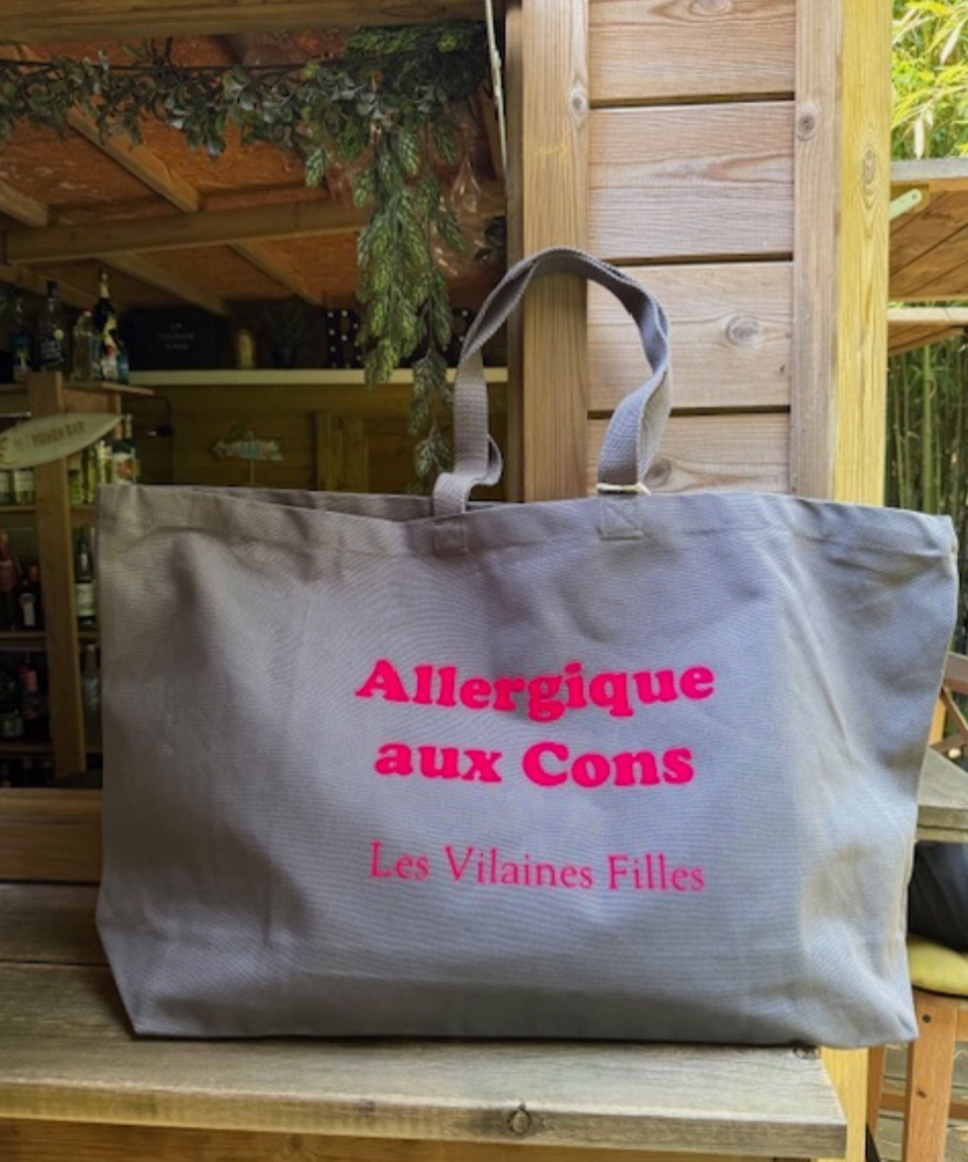 Sac XXL en coton "Allergique aux cons" coloris Gris